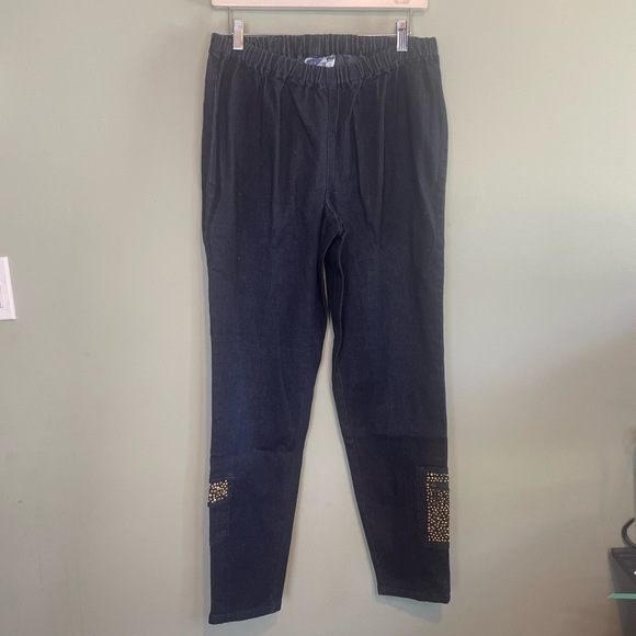 DG2 Diane Gilman Womens Pull On Stud Rhinestone Stretch Capri Jeans Blue Large - Picture 1 of 5